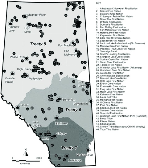 Map showing Treaty boundaries and Indigenous communities. 